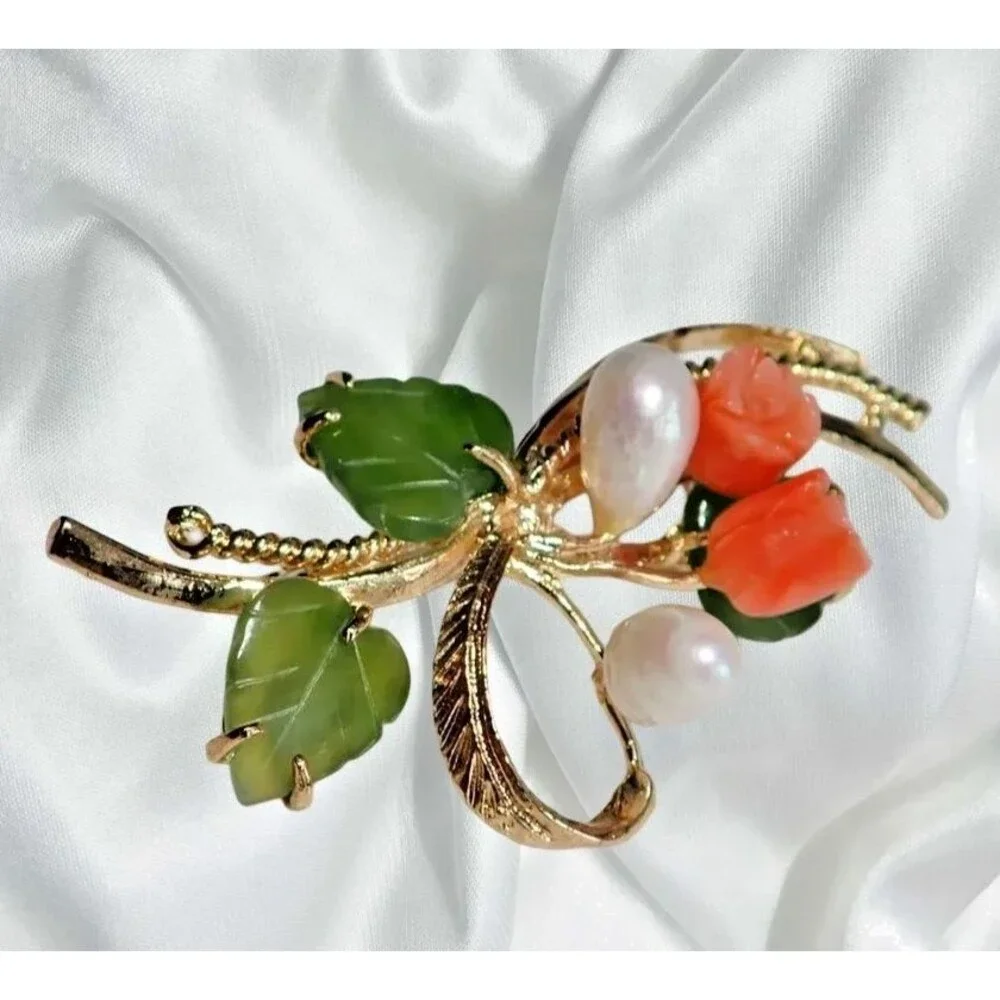 Pink Coral Pearls & Green Jade Leaves Brooch Floral Spray Faux Fashion VTG Pin